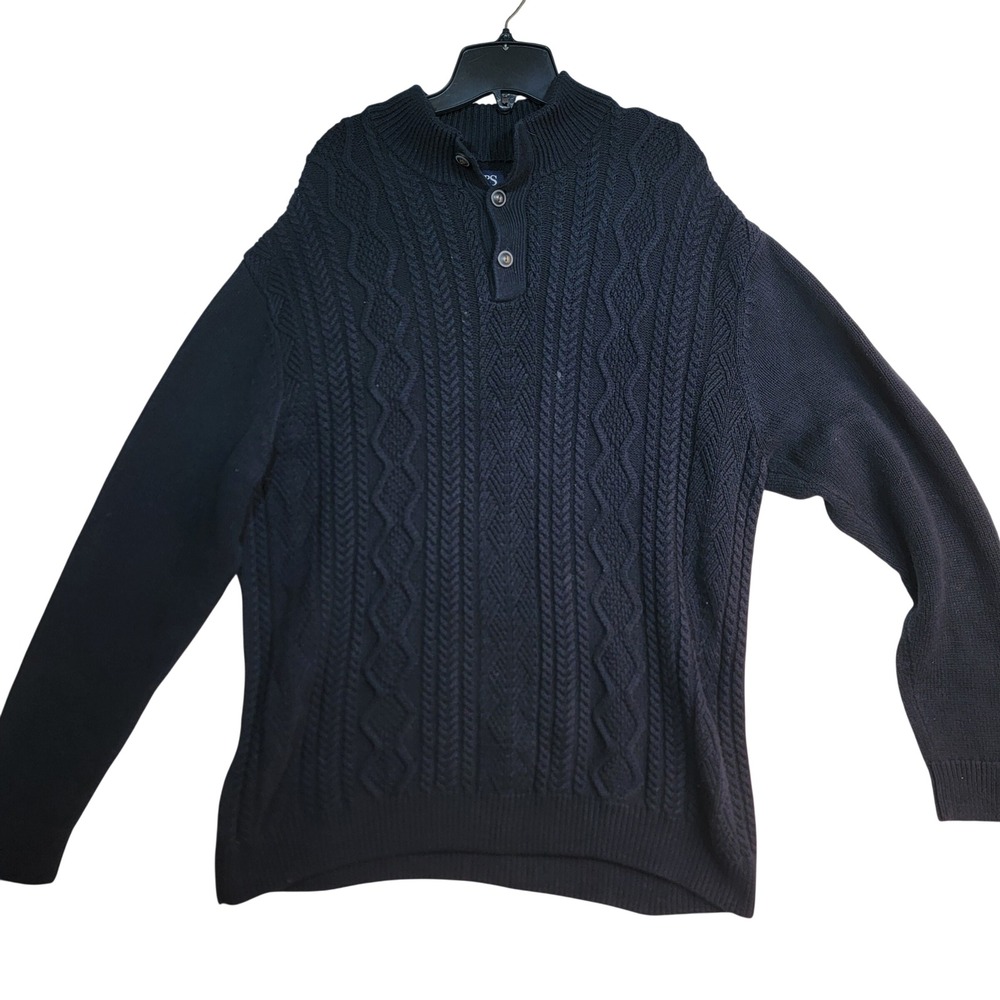 Chaps Mens Sweater Cable Knit Mock Neck Button Placket Navy XL TG EG